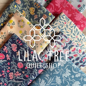 May include: Assortment of floral fabric swatches in various colors, including navy, pink, and cream. The fabric features detailed botanical patterns with flowers and leaves. The text "LILAC TREE QUILT SHOP" is displayed in white.
