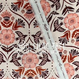 May include: White fabric with a repeating pattern of pink and orange flowers, brown birds, and green leaves. The fabric is labeled "Fancy That" and "Design House 600".