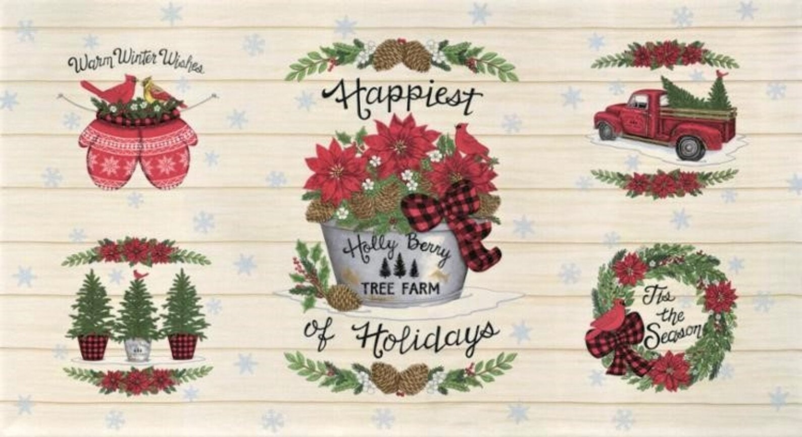 Holly Berry Tree Farm Moda Fabric Panel  23" x 44/45" by Deb Strain Christmas Wood Cream.