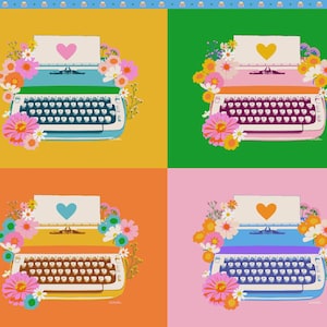 May include: A colorful illustration features four vintage typewriters, each with a different color scheme and a heart symbol on the paper. The typewriters are surrounded by floral arrangements, set against a vibrant background.