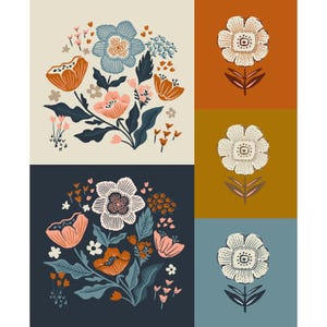 May include: A digital collage featuring four different floral designs. The top left design features a cluster of pink, orange, and blue flowers with green leaves on a cream background. The top right design features a single white flower with a brown stem on an orange background. The bottom left design features a cluster of pink, orange, and white flowers with green leaves on a dark blue background. The bottom right design features a single white flower with a brown stem on a light blue background.