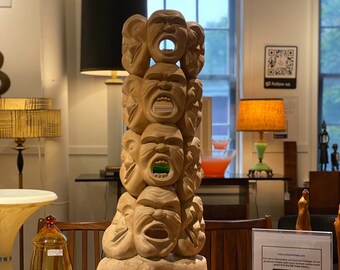 Stacked Emotional Faces Wood Carving Sculpture, C.1960s - *Please ask for a shipping quote before you buy.