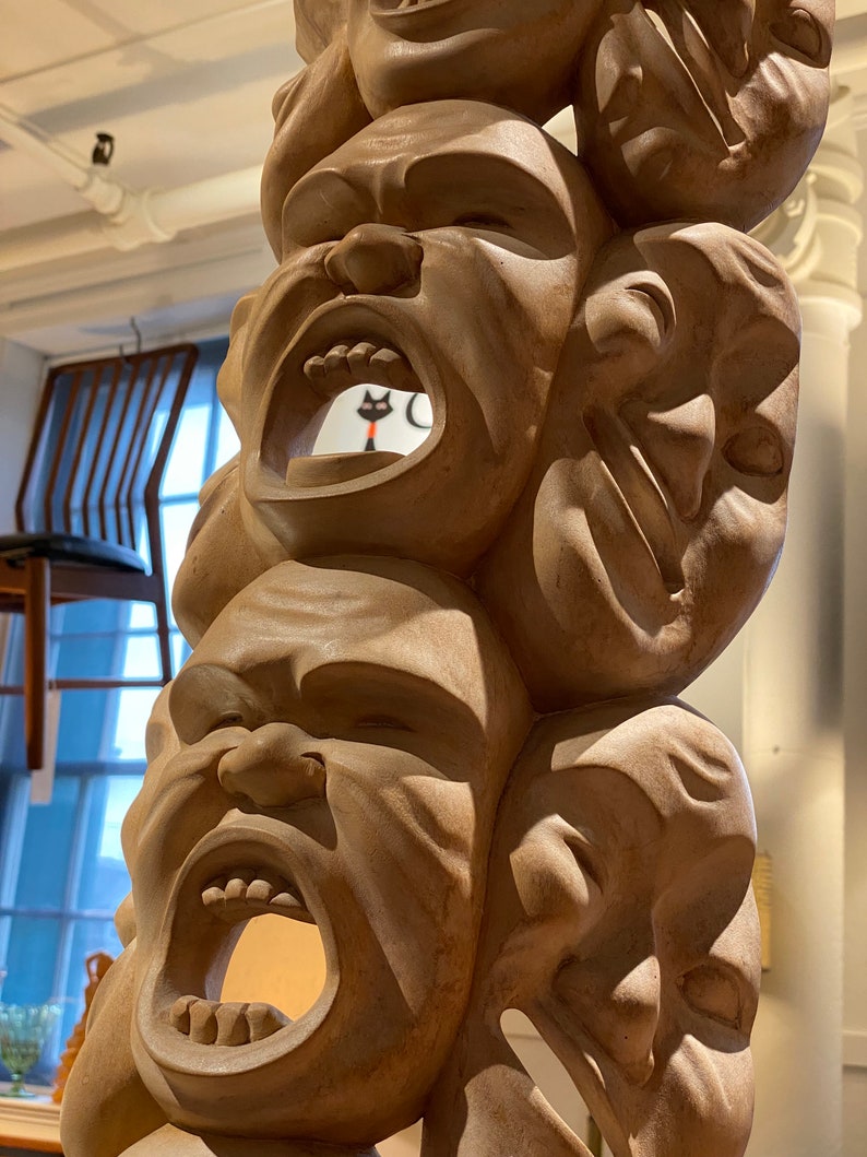 Stacked Emotional Faces Wood Carving Sculpture, C.1960s Please ask for a shipping quote before you buy. image 3