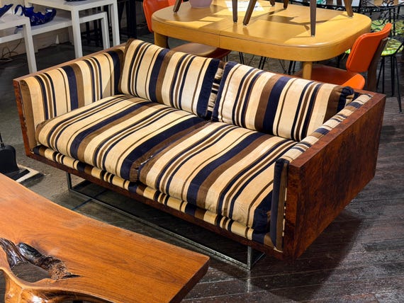 HOLD TJ Burlwood Loveseat (A) by Milo Baughman for Thayer Coggin, Circa 1960s - *Please ask for a shipping quote before you buy.