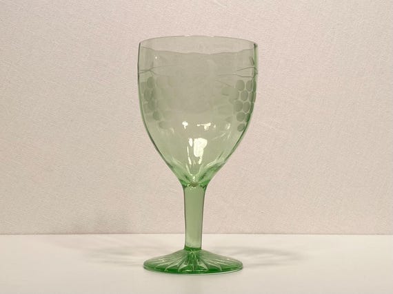 Uranium Glass Etched Grape Pattern Goblet - UV Glow