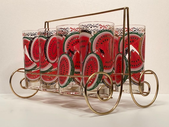 Set of Eight 1950's Watermelon Glasses with Brass Carrier