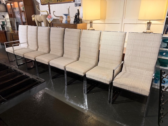 Set of Eight High Back Upholstered Chrome Dining Chairs, Circa 1970 - *Please ask for a shipping quote before you buy.