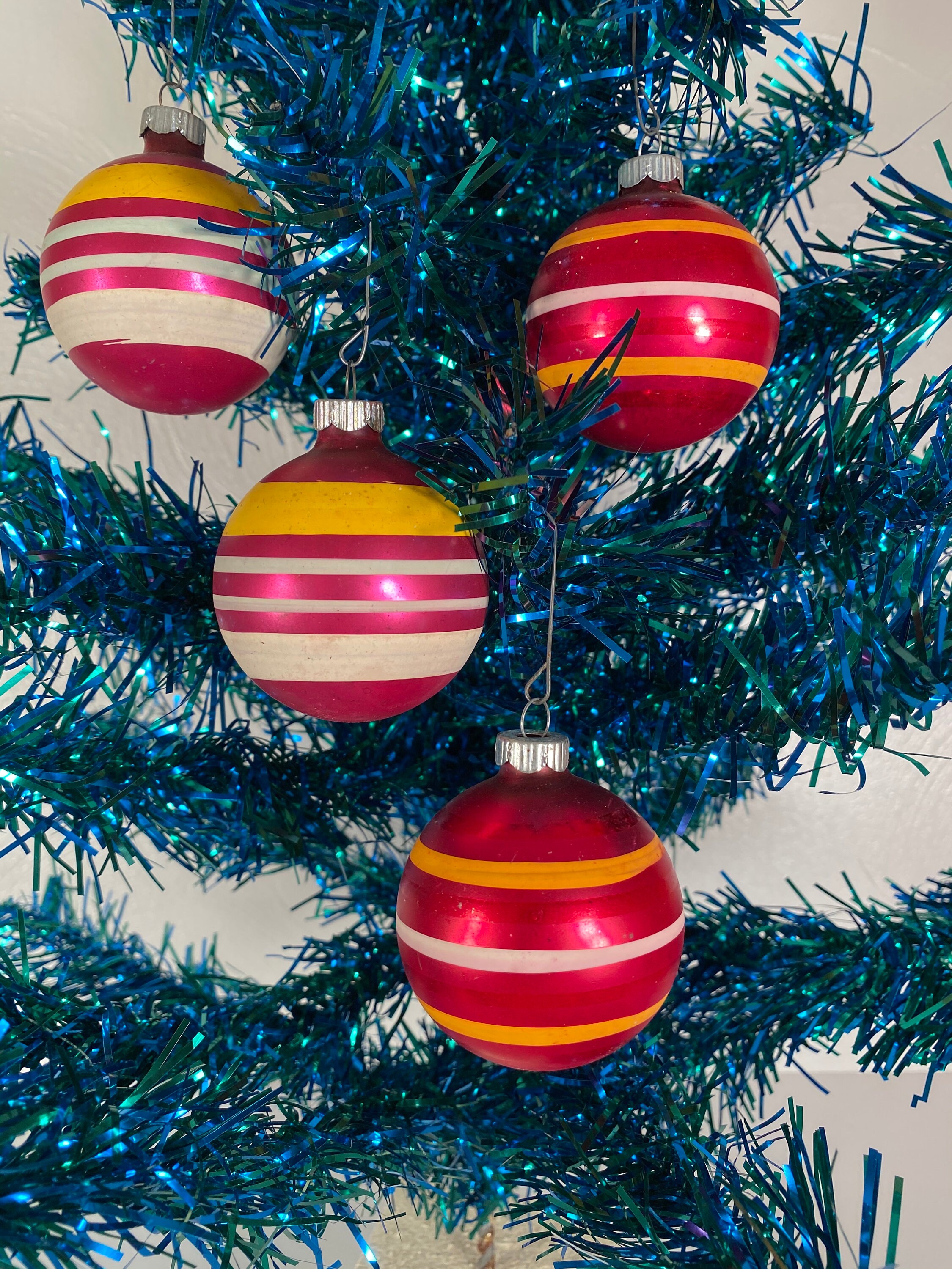 Set of 4 Shiny Brite Red Striped Holiday Ornaments (#C19)