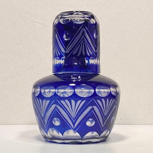 Vintage Cobalt Etched Crystal Bedside Carafe