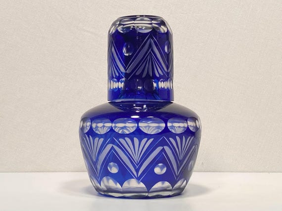 Vintage Cobalt Etched Crystal Bedside Carafe