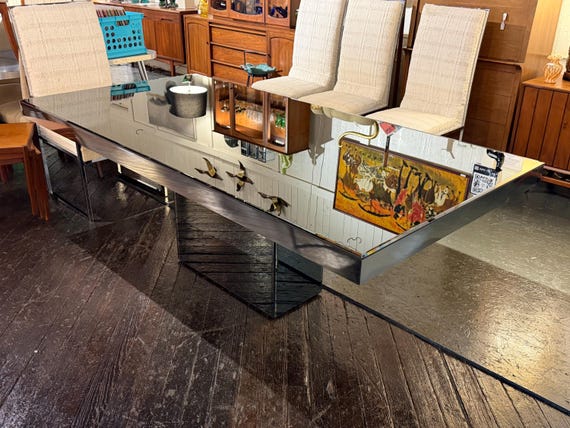Large Rectangular Mirrored Pedestal Dining Table, Circa 1970 - *Please ask for a shipping quote before you buy.