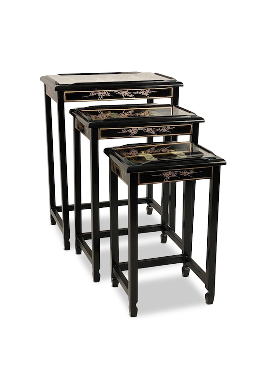 Chinoiserie Style Glass Top Nesting Tables - *Please ask for a shipping quote before you buy.