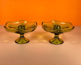 Pair - Viking Epic Six Petal Green Glass Candle Holders