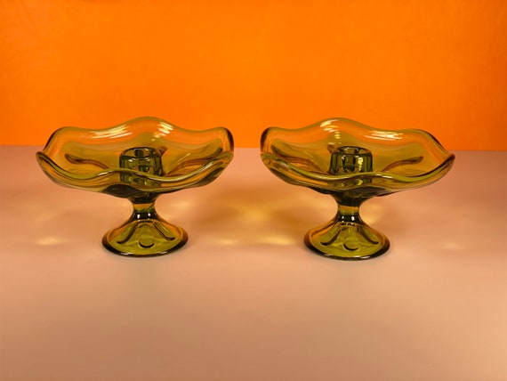 Pair - Viking Epic Six Petal Green Glass Candle Holders