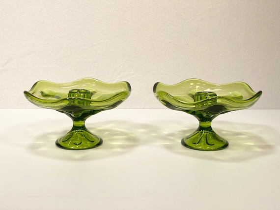 Pair - Viking Epic Six Petal Green Glass Candle Holders