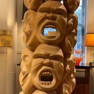 Stacked Emotional Faces Wood Carving Sculpture, C.1960s Please ask for a shipping quote before you buy. image 4