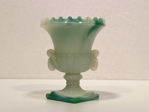Akro Agate Green & White Swirl Slag Glass Vase - UV Glow