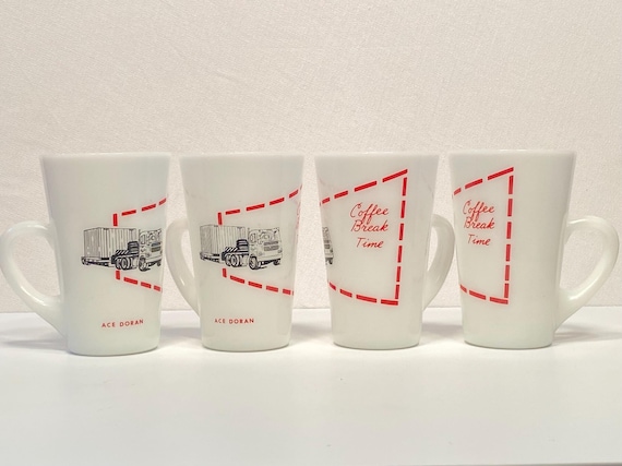 Tall Milk Glass "Coffee Break Time" Trucker Mugs - Set of Four