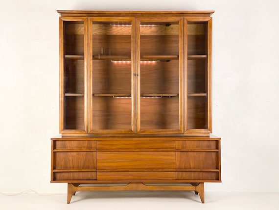Walnut Breakfront Hutch and Base by YOUNG MFG. CO., Circa 1960s - *Please ask for a shipping quote before you buy.