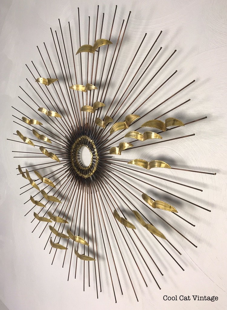 Mid Century Modern Copper Sunburst and Birds Wall Sculpture, Circa 1960