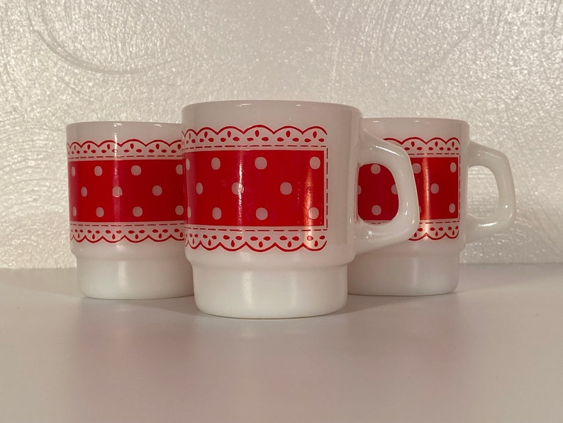 Fire King Red & White Stackable Polka Dot Mugs Set of Four image 3