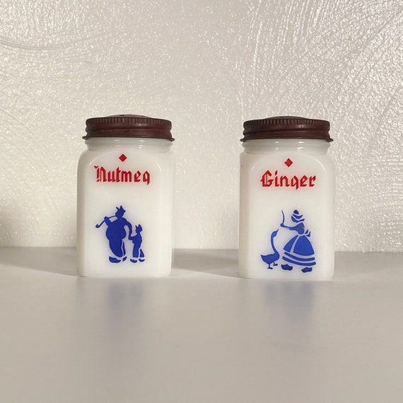 Pair of Milk Glass Dutch Spice Shakers (Nutmeg & Ginger)