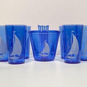 Hazel Atlas Cobalt Glass Sailboat Drink Set
