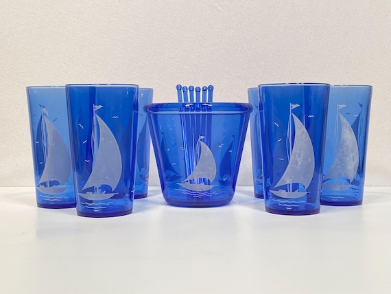 Hazel Atlas Cobalt Glass Sailboat Drink Set