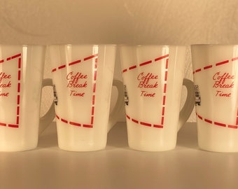 Tall Milk Glass "Coffee Break Time" Trucker Mugs - Set of Four
