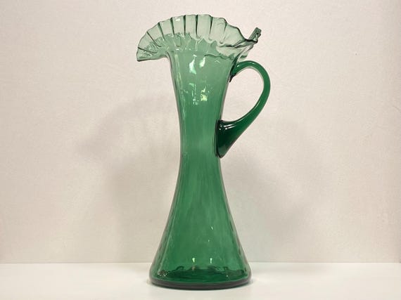 Hand Blown Green Glass Ruffled Pitcher Vase