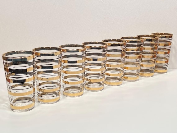 Set of Eight 1950's Gold & Black Stripe Glasses