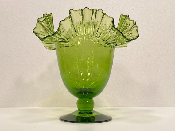 Blenko #487 Green Crimp Top Pedestal Vase