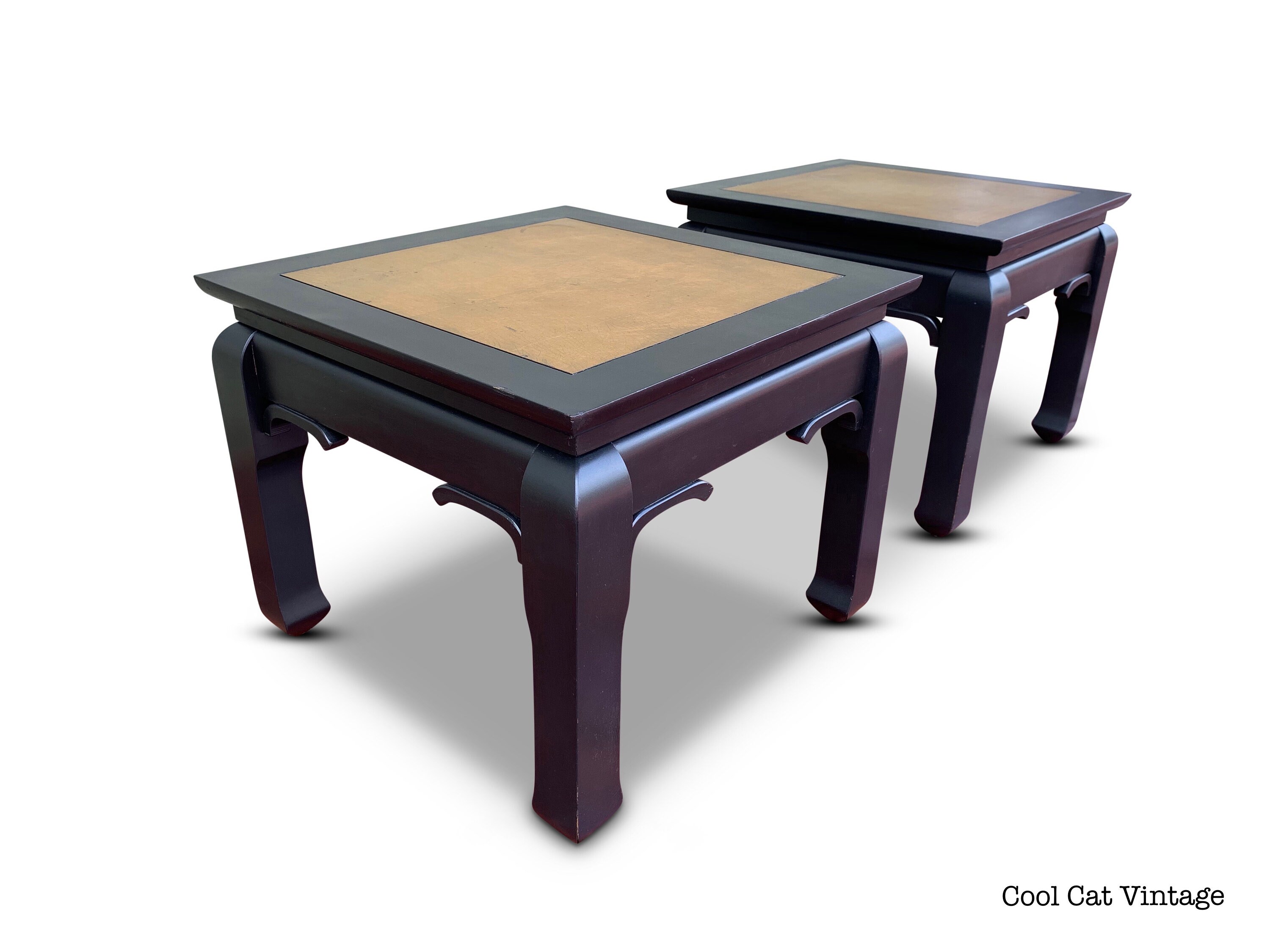 Pair of Chinoiserie Style End Tables in Black Lacquer with Gold