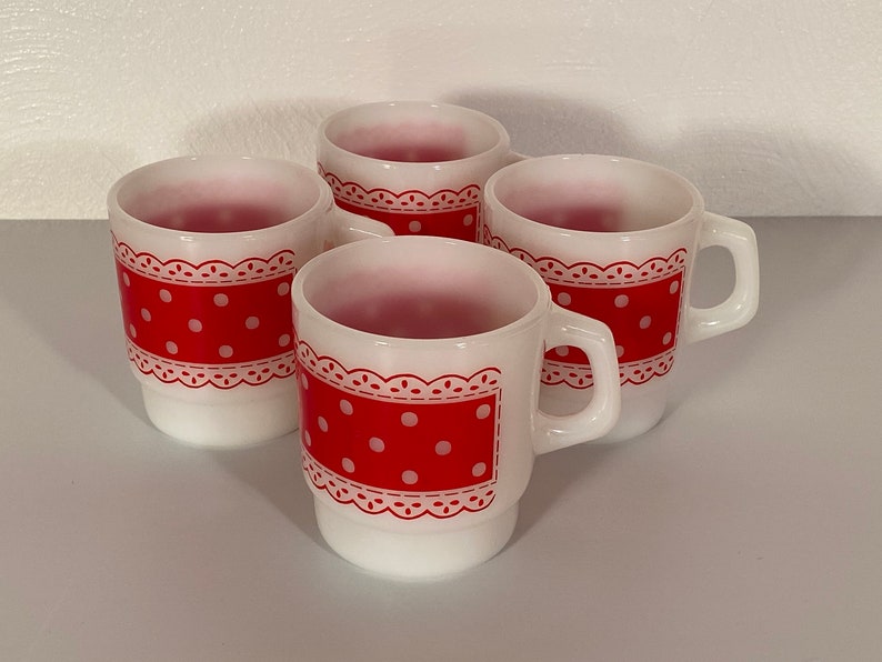 Fire King Red & White Stackable Polka Dot Mugs Set of Four image 2