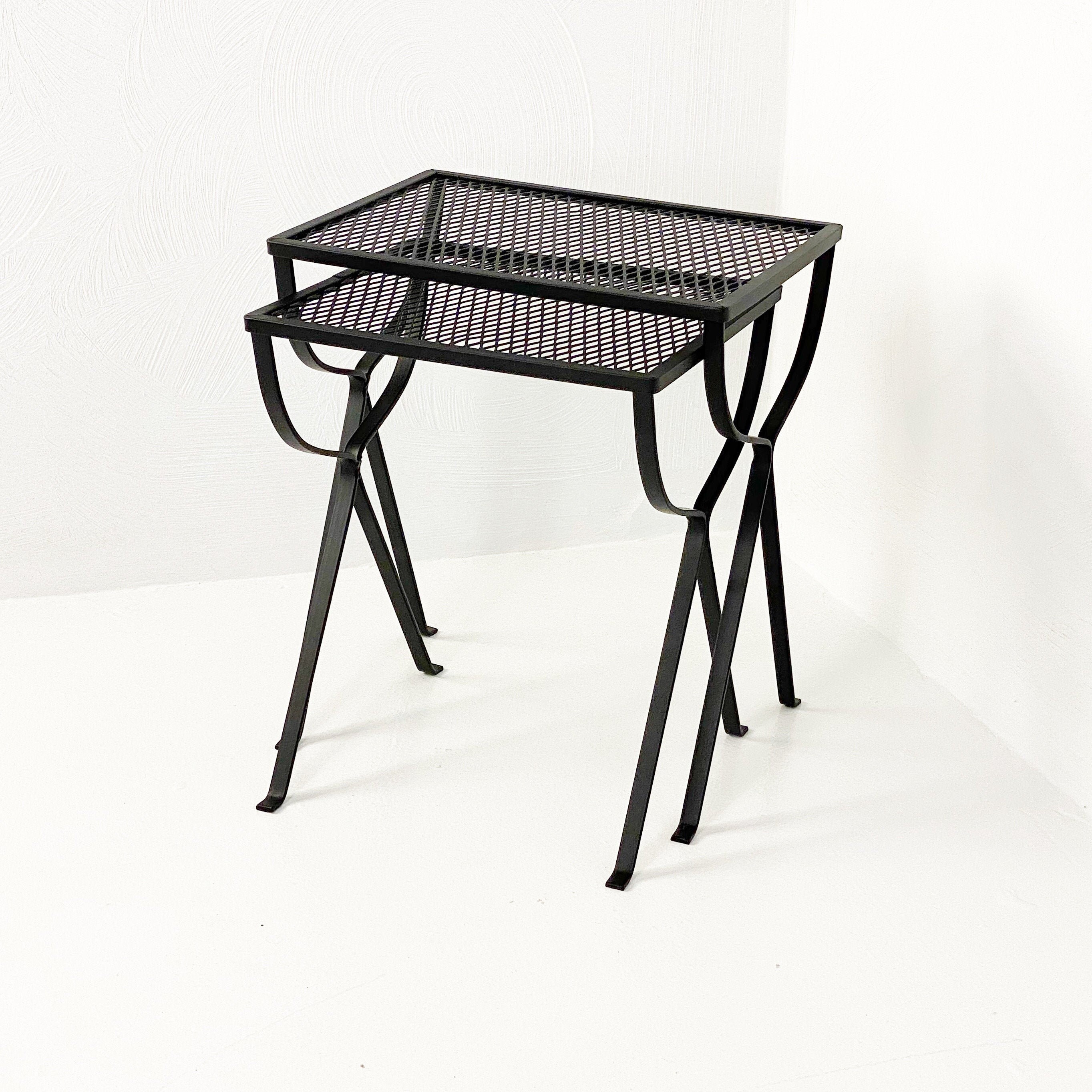 Set of 2 Restored Black Wrought Iron Patio Nesting Tables, Circa 1960s