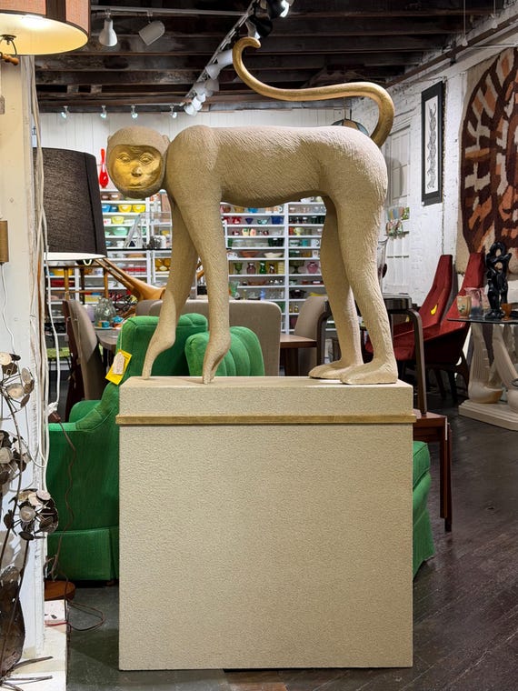 Capuchin Monkey Sculpture in White and Gold with Original Pedestal - *Please ask for a shipping quote before you buy.