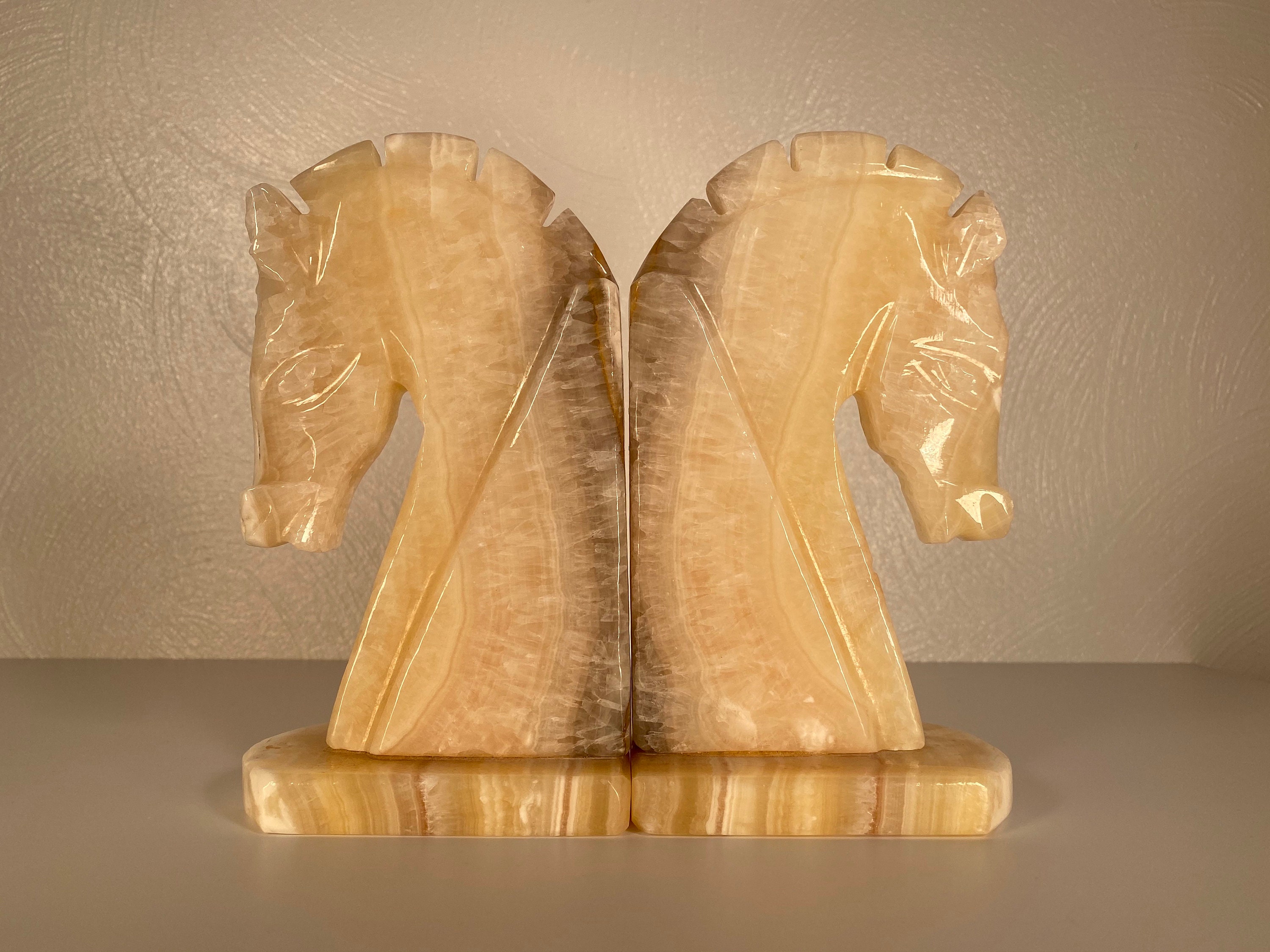Mid Century Alabaster Horse Bookends Pair