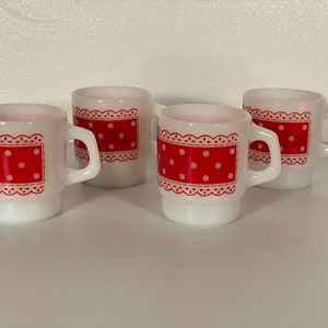 Fire King Red & White Stackable Polka Dot Mugs - Set of Four
