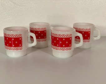 Fire King Red & White Stackable Polka Dot Mugs - Set of Four