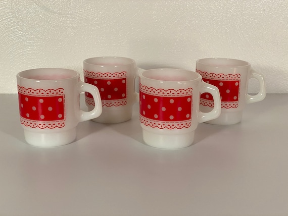 Fire King Red & White Stackable Polka Dot Mugs - Set of Four