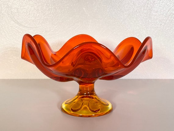 Viking 6 Petal Persimmon Glass Pedestal Compote