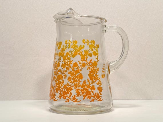 Vintage Orange Floral Glass Pitcher