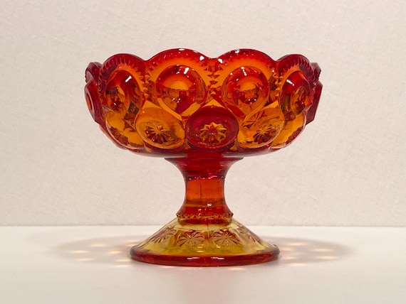 L.E. Smith Amberina Moon & Stars Pedestal Candle Holder Bowl - UV Glow