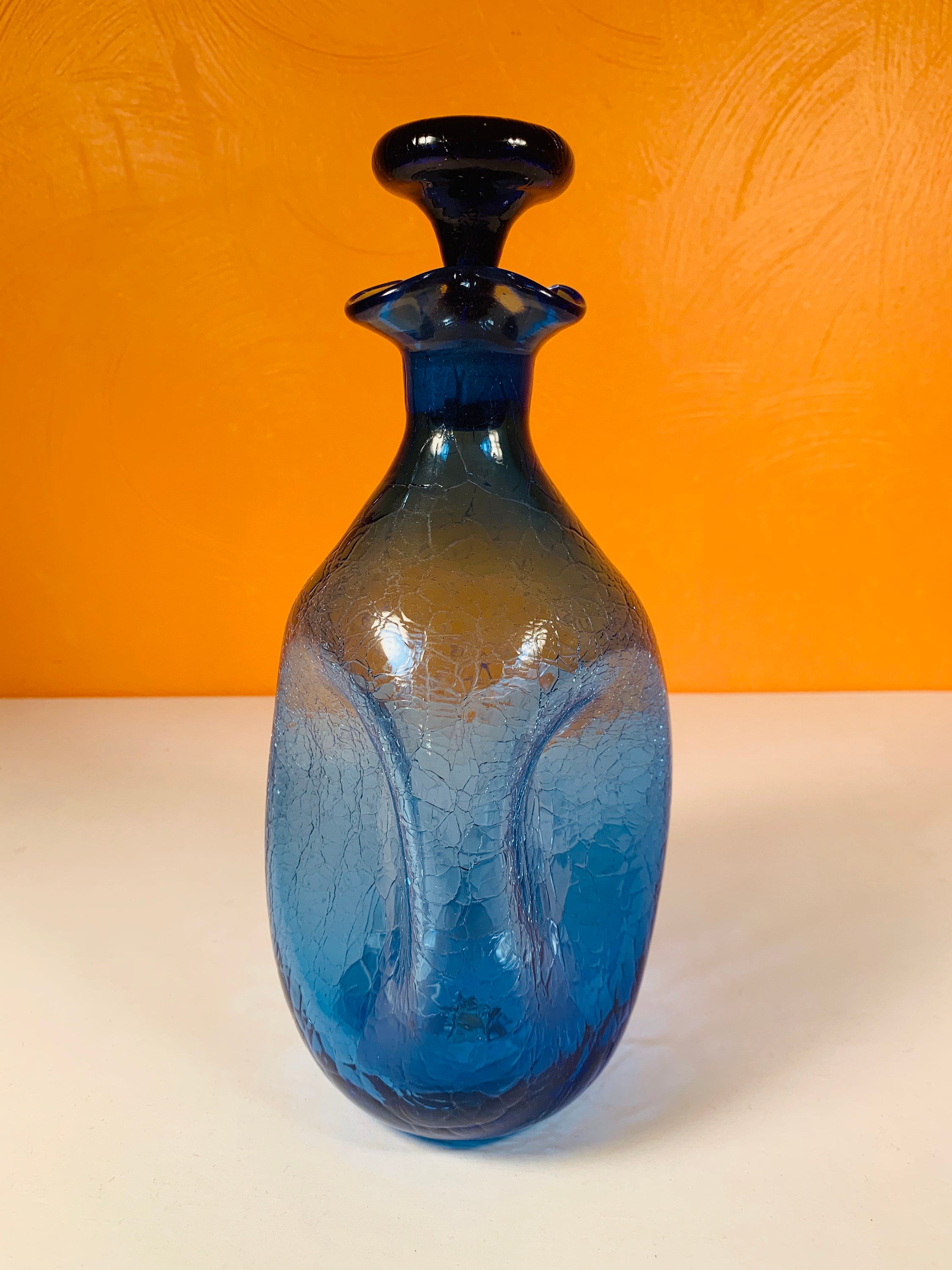 Blenko Blue Pinched Crackle Glass Decanter