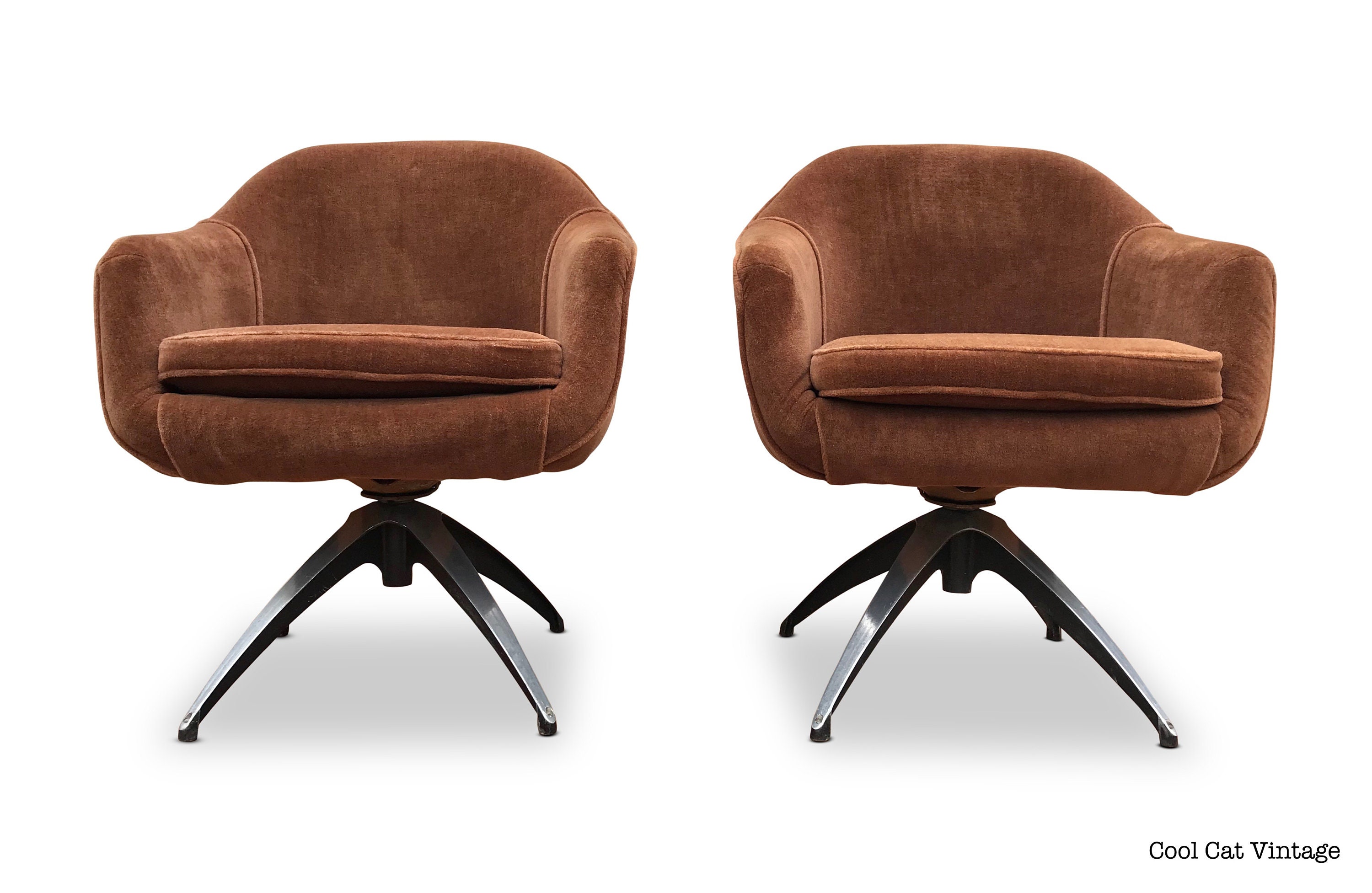 Pair of Brown Swivel Lounge Chairs with Brushed Aluminum Legs *Please