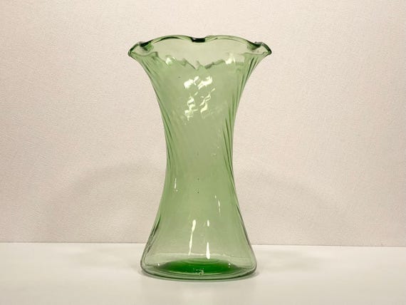 1930's Tiffin Vaseline Glass Ribbed Ruffled Edge Vase - UV Glow