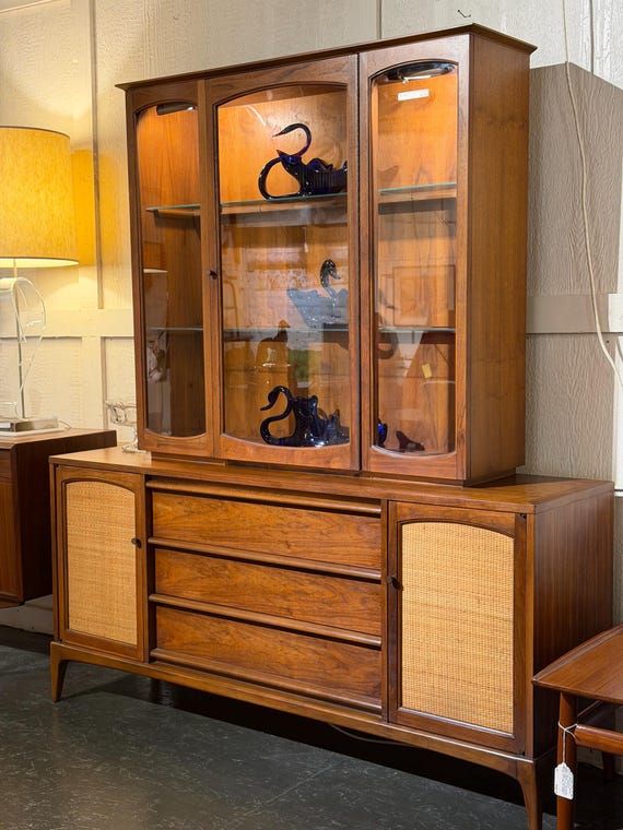 Lane Rhythm Two-Piece Walnut Credenza with Breakfront Hutch, Circa 1974 - *Please ask for a shipping quote before you buy.