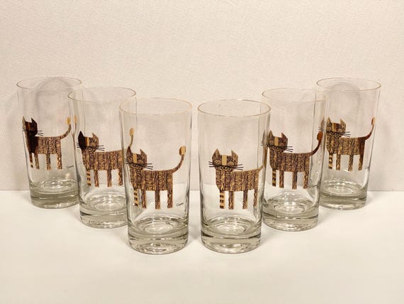 Set of Six 1950's Couroc Gold Cat Highball Glasses