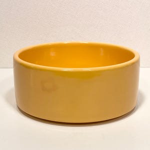 May include: A yellow ceramic bowl with a smooth, rounded rim. The bowl is empty and has a slight sheen.