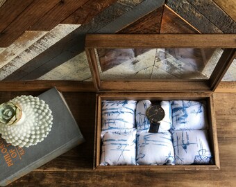 Glass Top Watch Box: Wood Display Case, Nautical Pillows